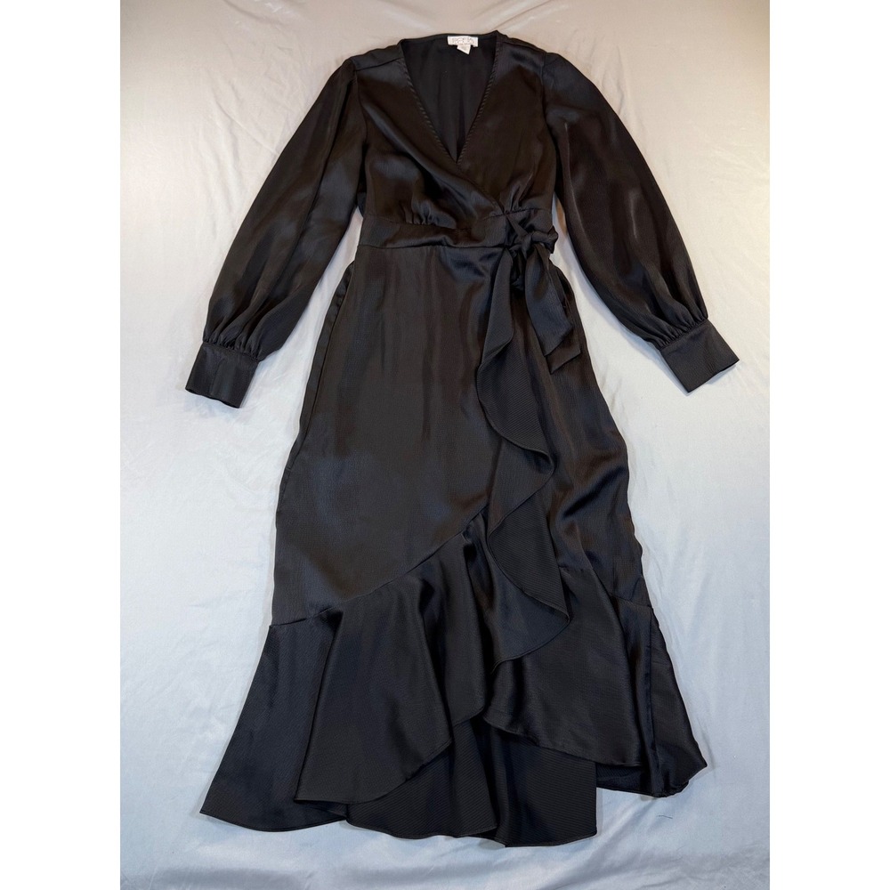 Black Satin Faux Wrap Ruffle Midi Evening Dress XS Dark Romantic Minimalist Glam